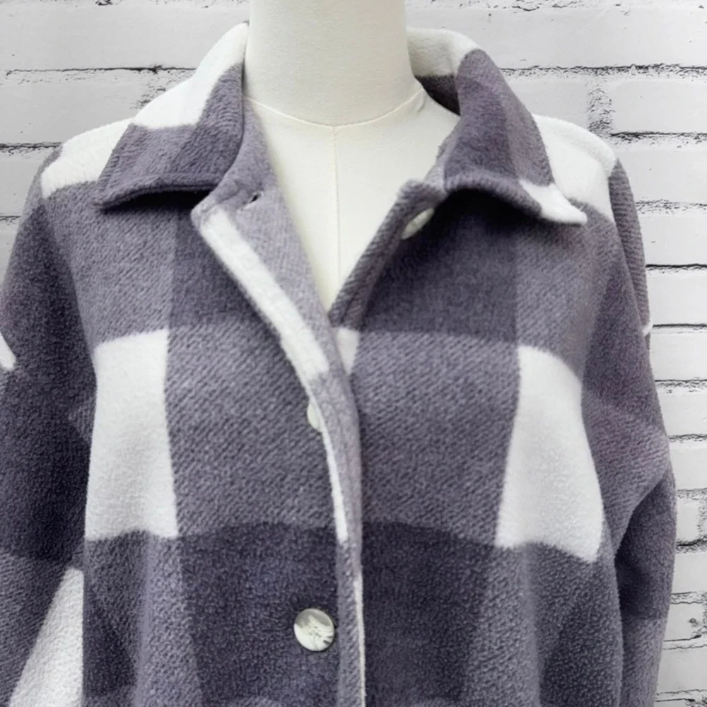 NY‎ 10018 Plaid Fleece Womens M Lavender Purple Buffalo Check Button Jacket